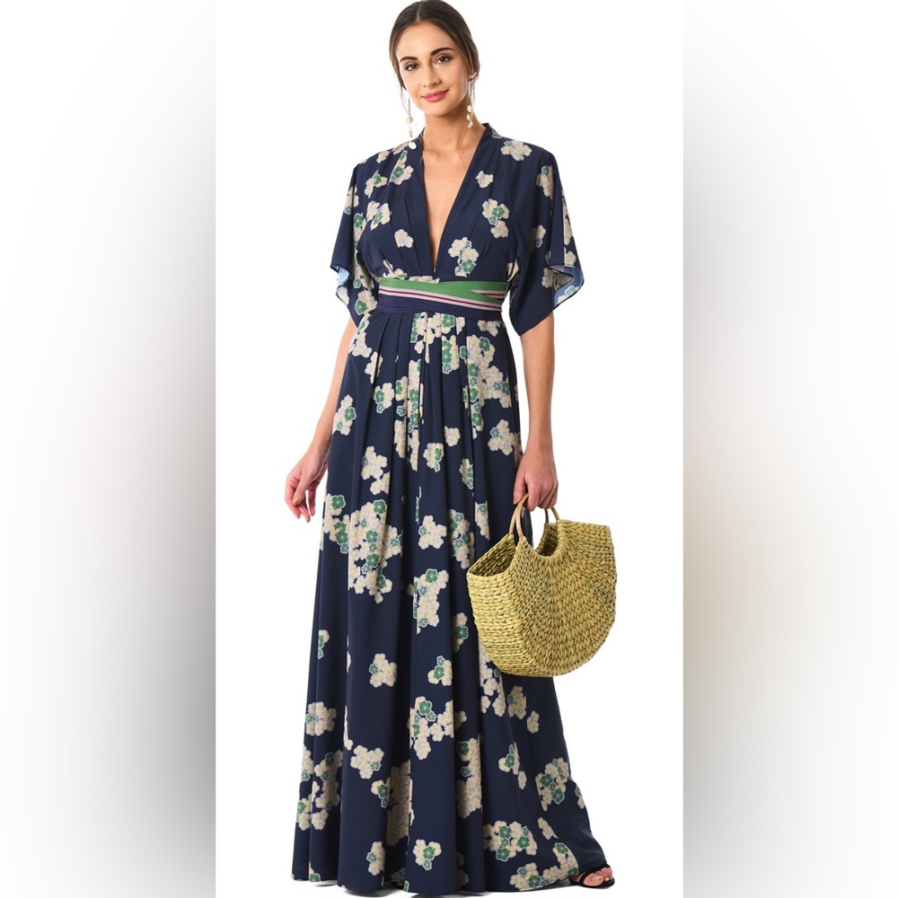 Elegant Floral Kimono-Style Dress in Navy
